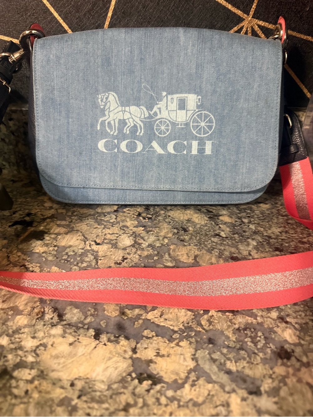 Coach Light Blue Denim Crossbody with Pink Webbed Strap